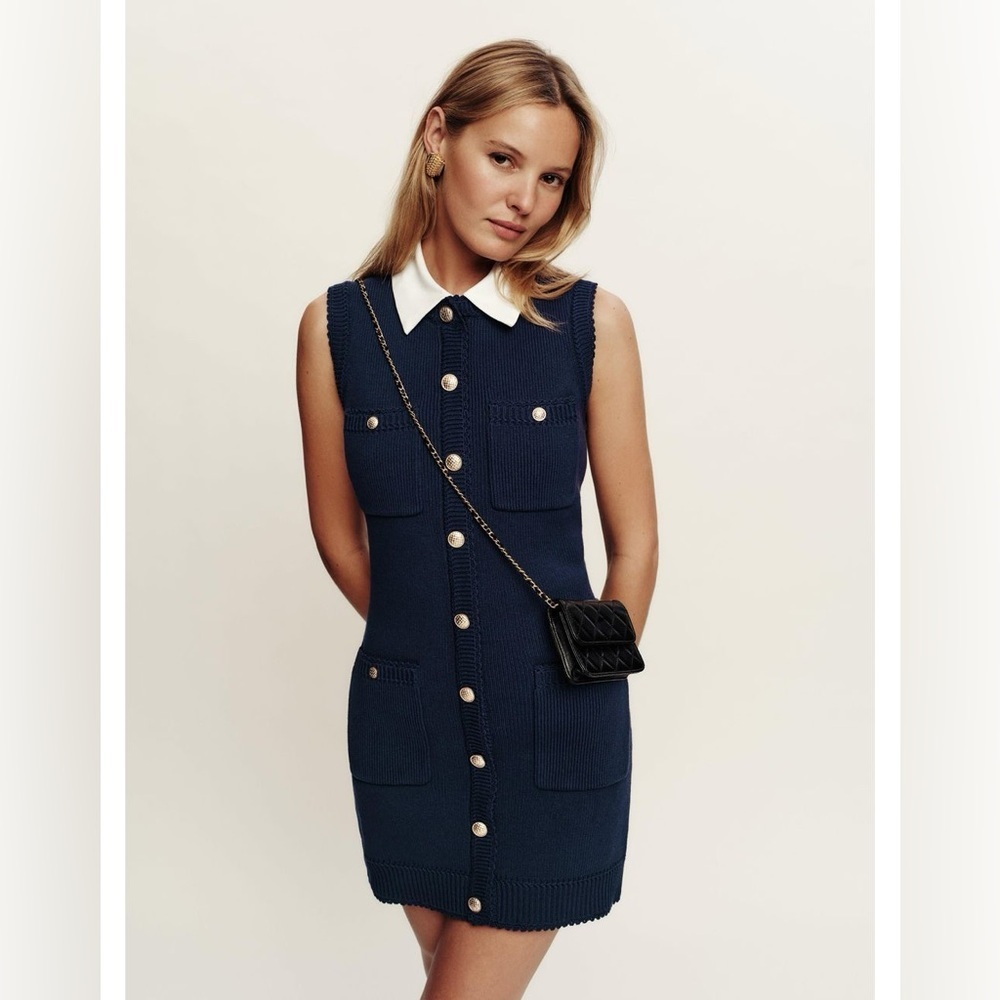 Reformation Catalina cotton sweater button up mini dress in navy blue